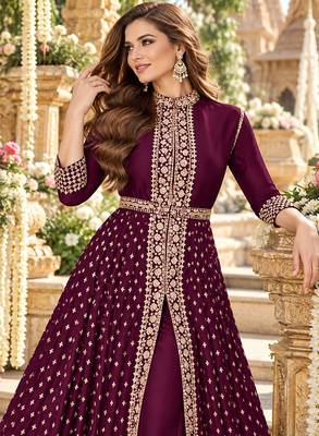 Wine georgette semi stitched suit with embroidery & stone work 2
