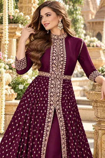 Wine georgette semi stitched suit with embroidery & stone work
