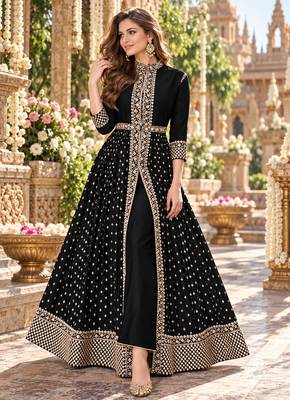 Black georgette semi stitched suit with embroidery & stone work 1