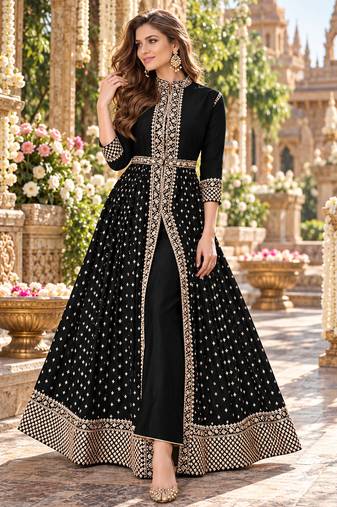Black georgette semi stitched suit with embroidery & stone work