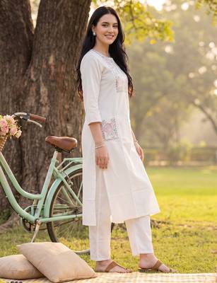 White embroidered cotton kurta trouser set 4