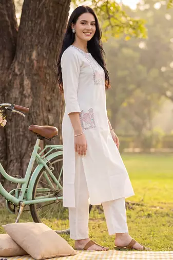 White embroidered cotton kurta trouser set