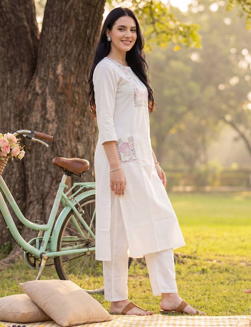 White embroidered cotton kurta trouser set