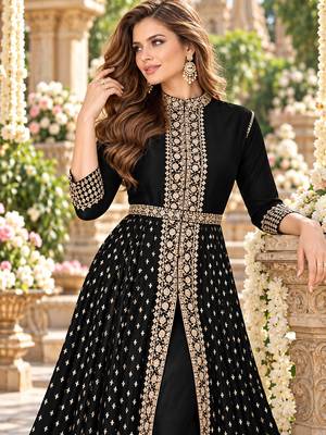 Black georgette semi stitched suit with embroidery & stone work 2