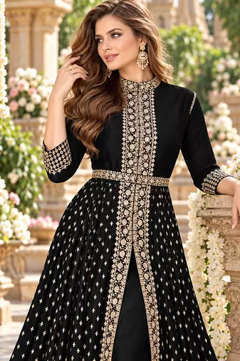 Black georgette semi stitched suit with embroidery & stone work