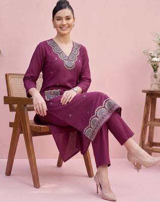 Burgundy printed cotton kurta trouser set 1