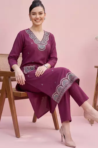 Burgundy printed cotton kurta trouser set
