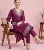 Burgundy printed cotton kurta trouser set