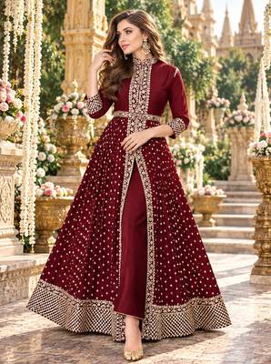 Maroon georgette semi stitched suit with embroidery & stone work 1