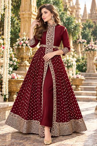 Maroon georgette semi stitched suit with embroidery & stone work