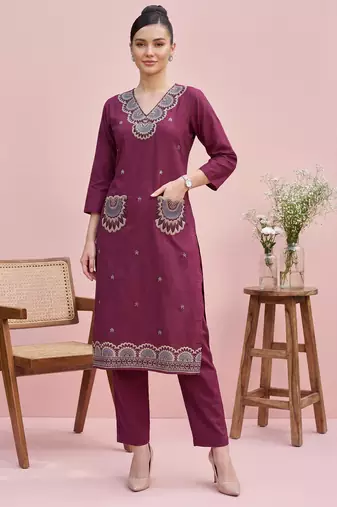 Burgundy printed cotton kurta trouser set