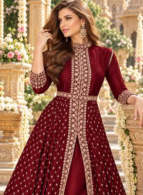 Maroon georgette semi stitched suit with embroidery & stone work 2