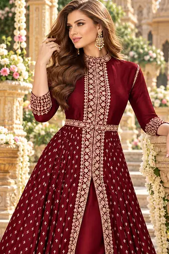 Maroon georgette semi stitched suit with embroidery & stone work