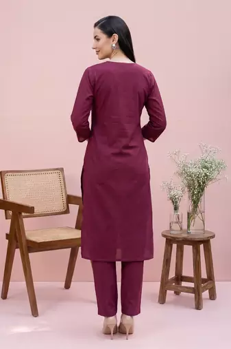 Burgundy printed cotton kurta trouser set