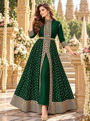 D green georgette semi stitched suit with embroidery & stone work 1