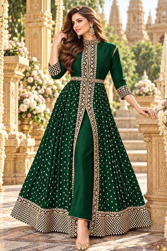 D green georgette semi stitched suit with embroidery & stone work