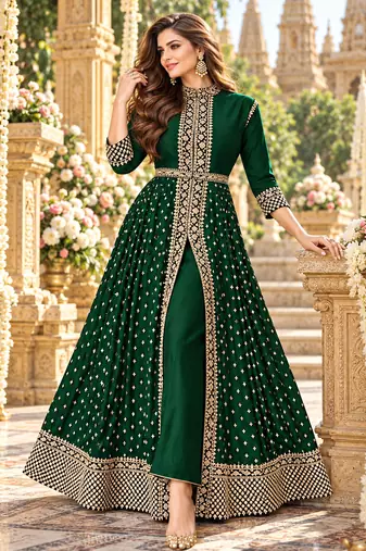 D green georgette semi stitched suit with embroidery & stone work