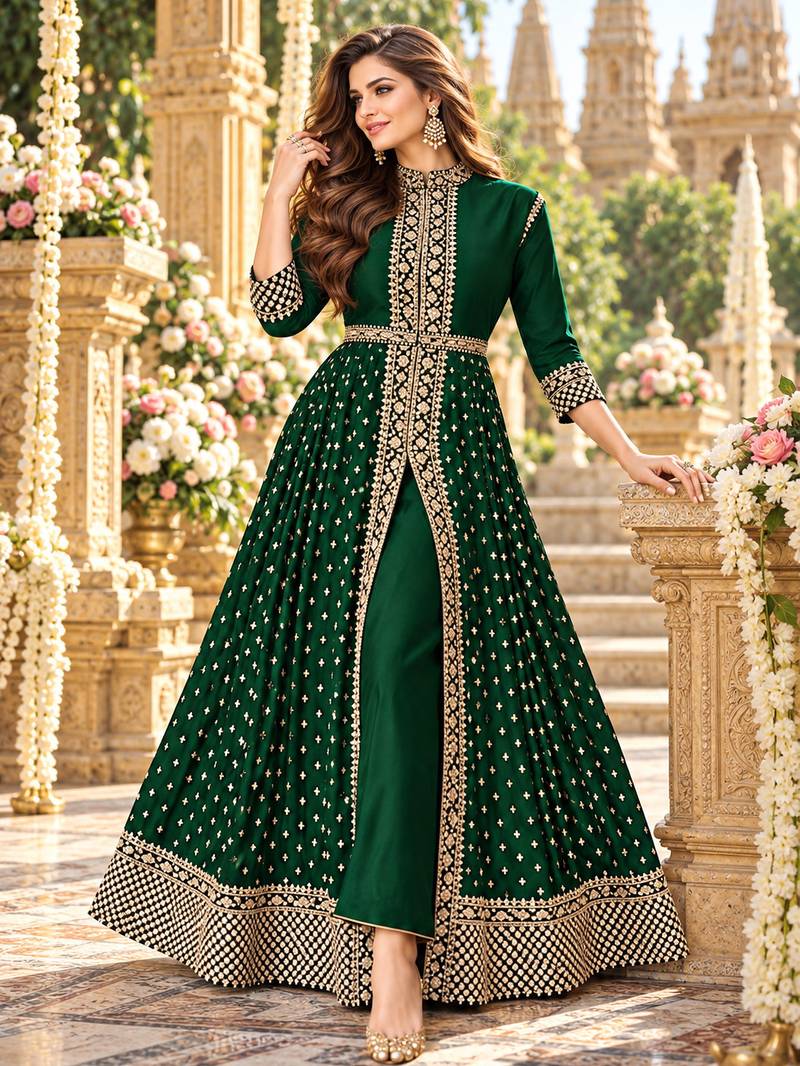 D green georgette semi stitched suit with embroidery & stone work