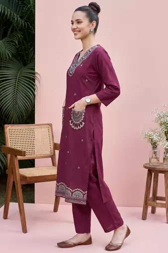Burgundy printed cotton kurta trouser set