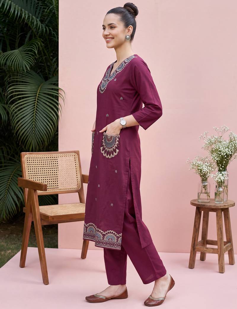 Burgundy printed cotton kurta trouser set