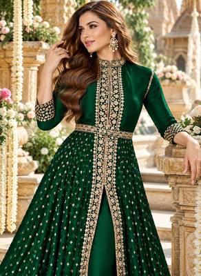 D green georgette semi stitched suit with embroidery & stone work 2
