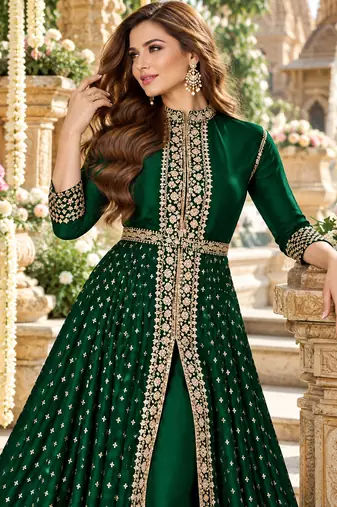 D green georgette semi stitched suit with embroidery & stone work