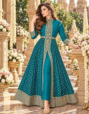 Sky georgette semi stitched suit with embroidery & stone work 1
