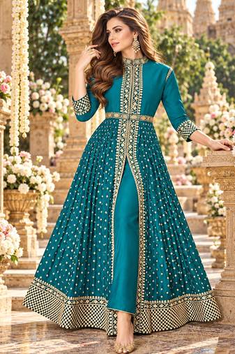 Sky georgette semi stitched suit with embroidery & stone work