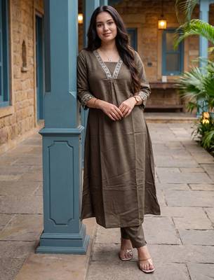 Brown printed silk kurta trouser set 1
