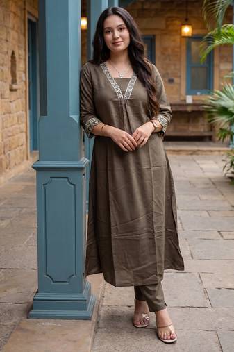 Brown printed silk kurta trouser set