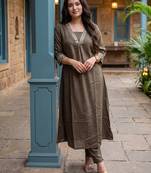 Brown printed silk kurta trouser set