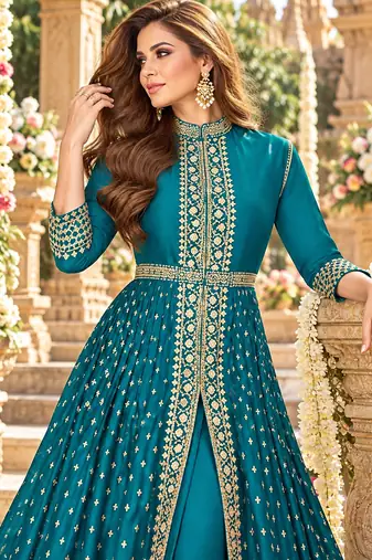 Sky georgette semi stitched suit with embroidery & stone work