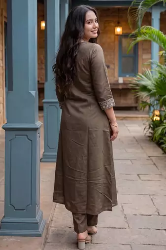 Brown printed silk kurta trouser set
