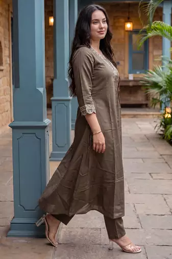 Brown printed silk kurta trouser set