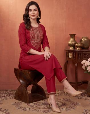 Orange embroidered cotton kurta trouser set 1