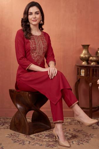 Orange embroidered cotton kurta trouser set