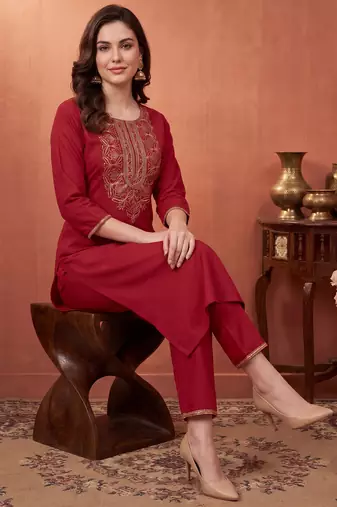 Orange embroidered cotton kurta trouser set