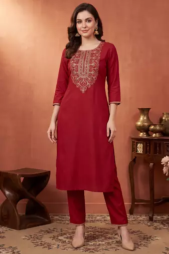 Orange embroidered cotton kurta trouser set