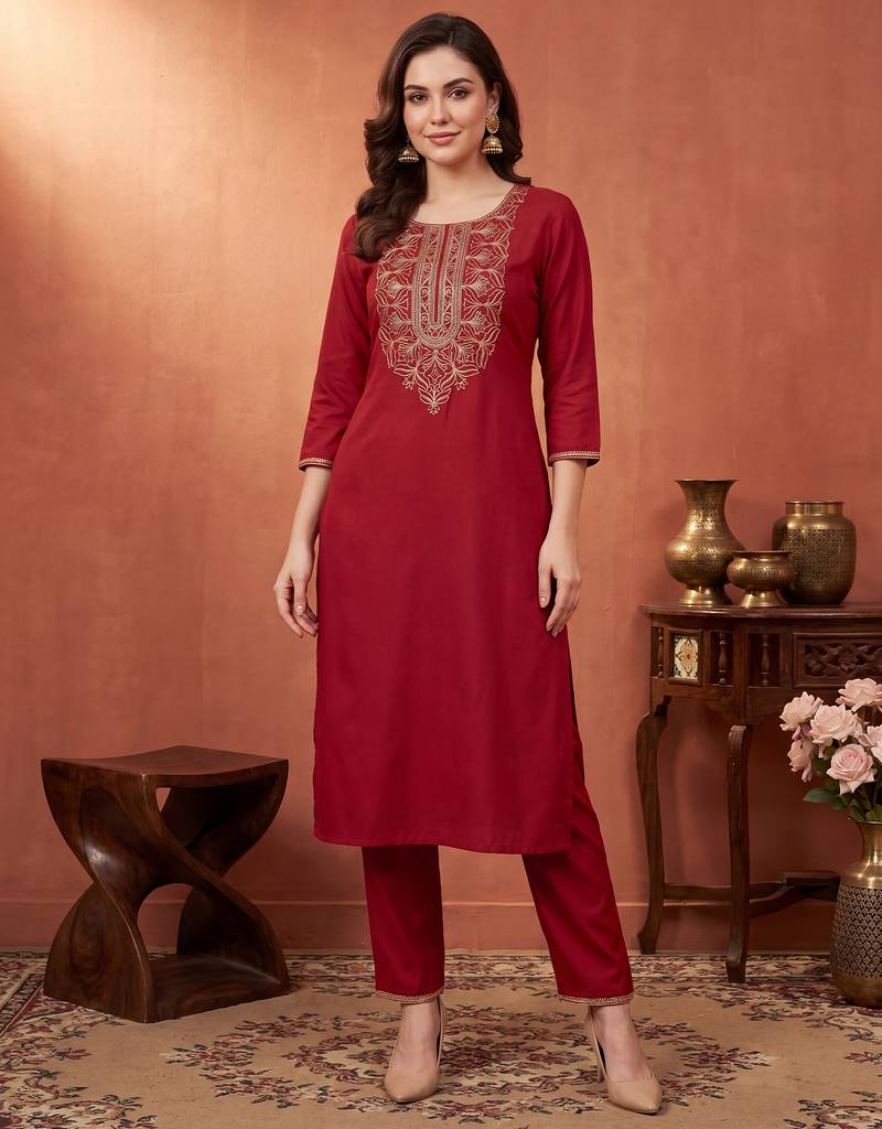 Orange embroidered cotton kurta trouser set