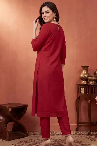 Orange embroidered cotton kurta trouser set