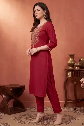 Orange embroidered cotton kurta trouser set