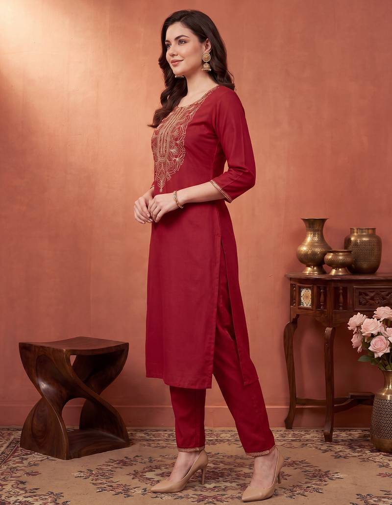 Orange embroidered cotton kurta trouser set