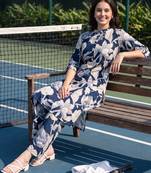 Navy blue printed viscose rayon kurta trouser set