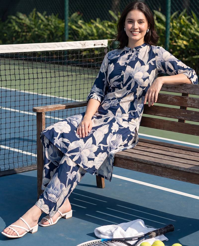 Navy blue printed viscose rayon kurta trouser set