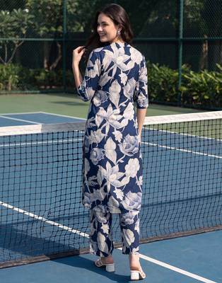 Navy blue printed viscose rayon kurta trouser set 2