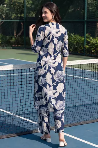 Navy blue printed viscose rayon kurta trouser set