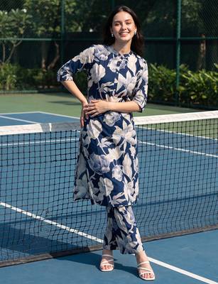 Navy blue printed viscose rayon kurta trouser set 3