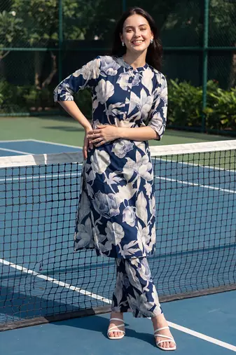Navy blue printed viscose rayon kurta trouser set