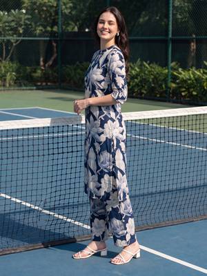 Navy blue printed viscose rayon kurta trouser set 4