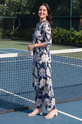 Navy blue printed viscose rayon kurta trouser set